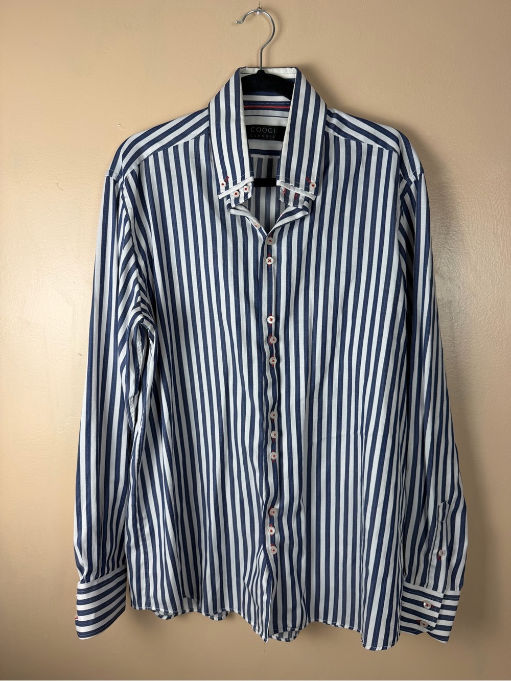 COOGI Blue and White Vertical Stripe Button-Down Shirt